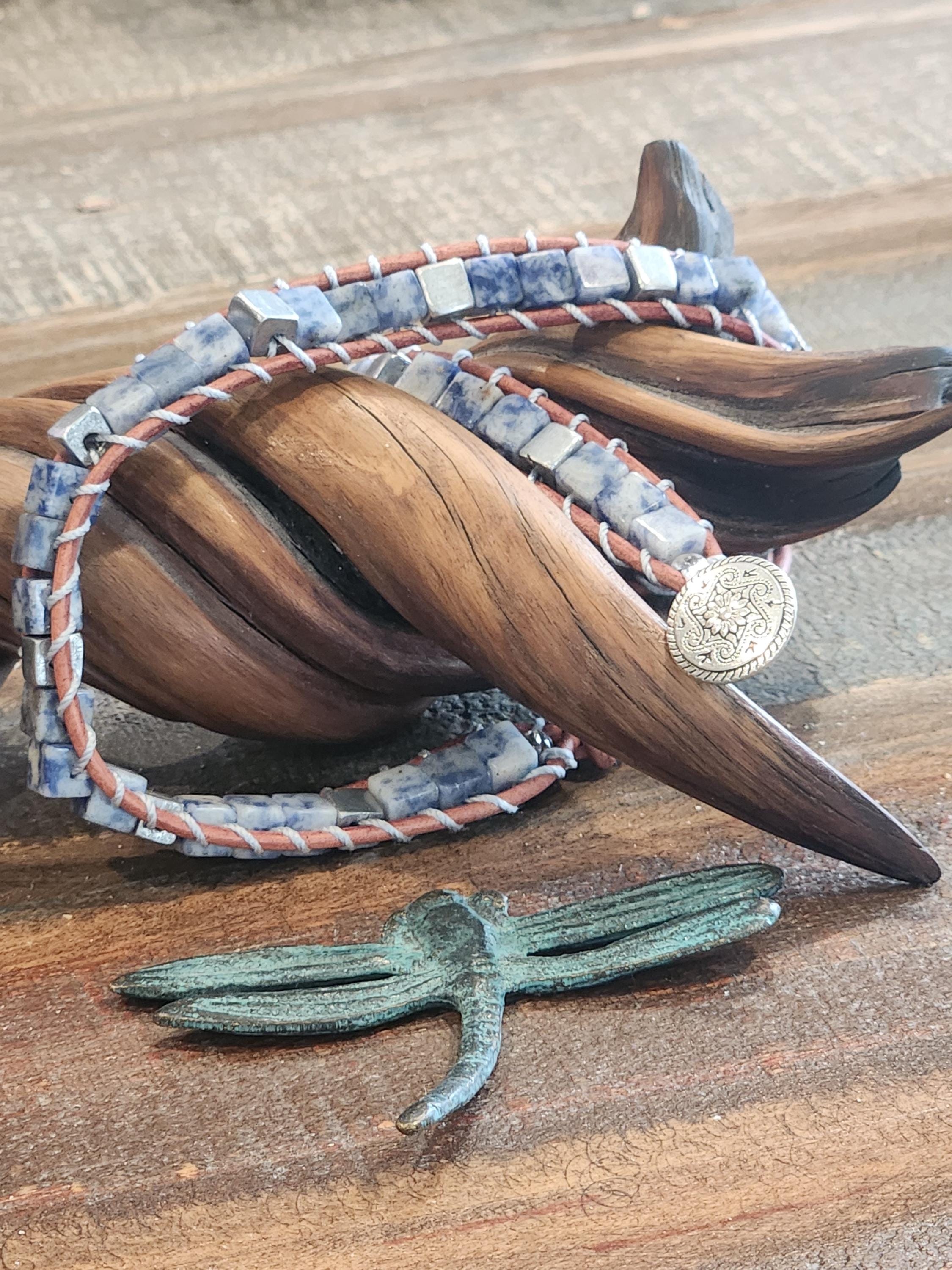 Handmade Double-wrap Beaded Leather Bracelet, Gemstone Beads - Image 1