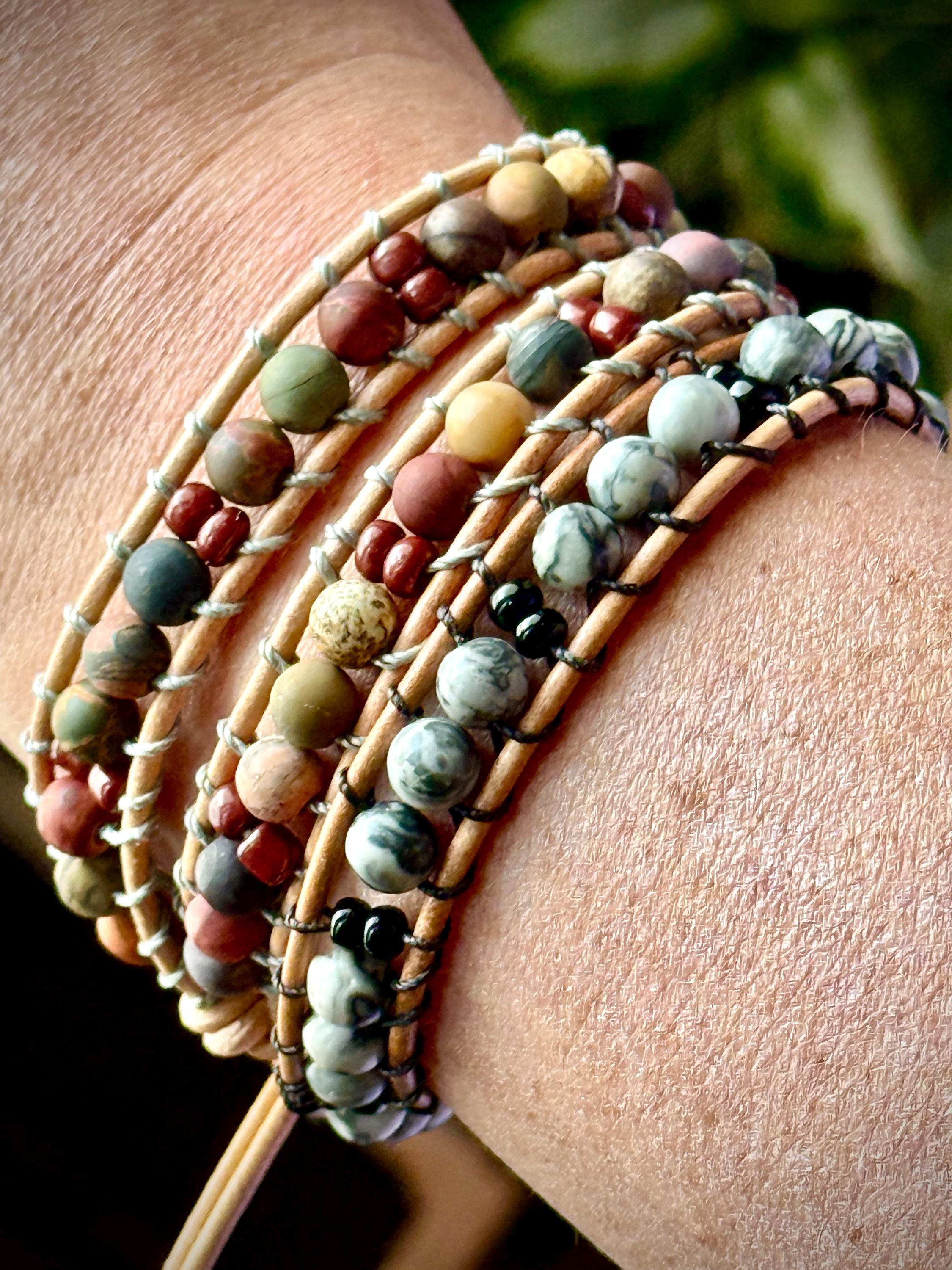 Handmade Double-wrap Beaded Leather Bracelet, Gemstone Beads - Thumbnail 6