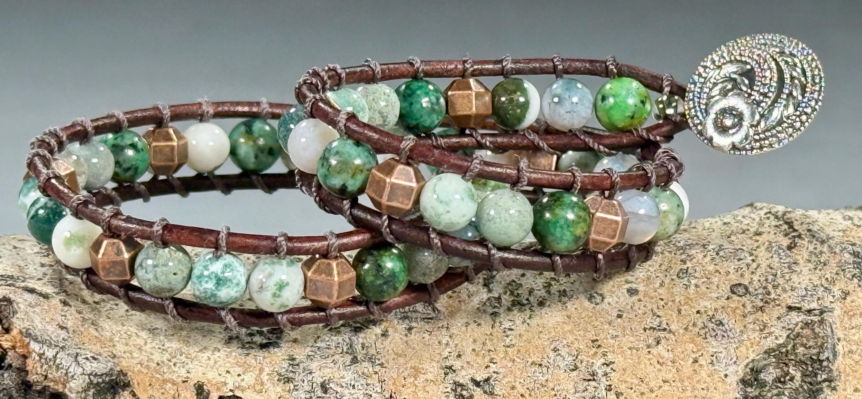 Handmade Double-wrap Beaded Leather Bracelet, Gemstone Beads