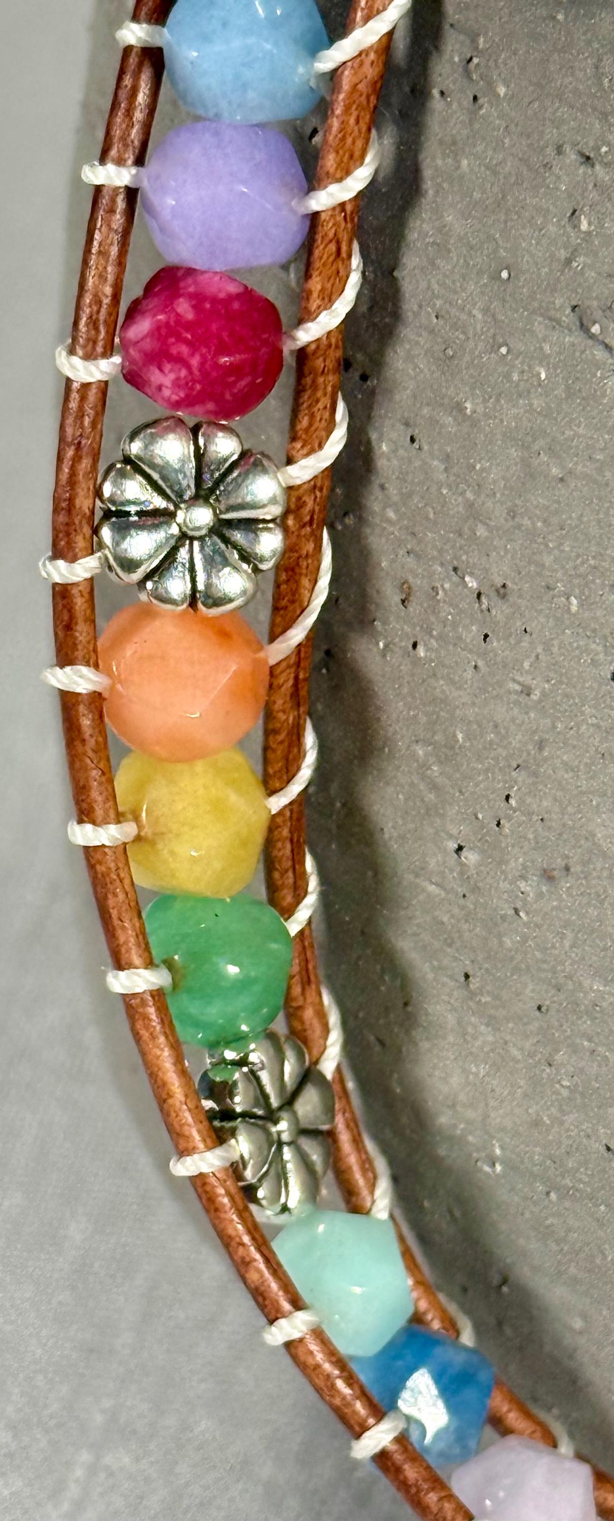 Handmade Double-wrap Beaded Leather Bracelet, Gemstone Beads, Flower Beads - Thumbnail 3