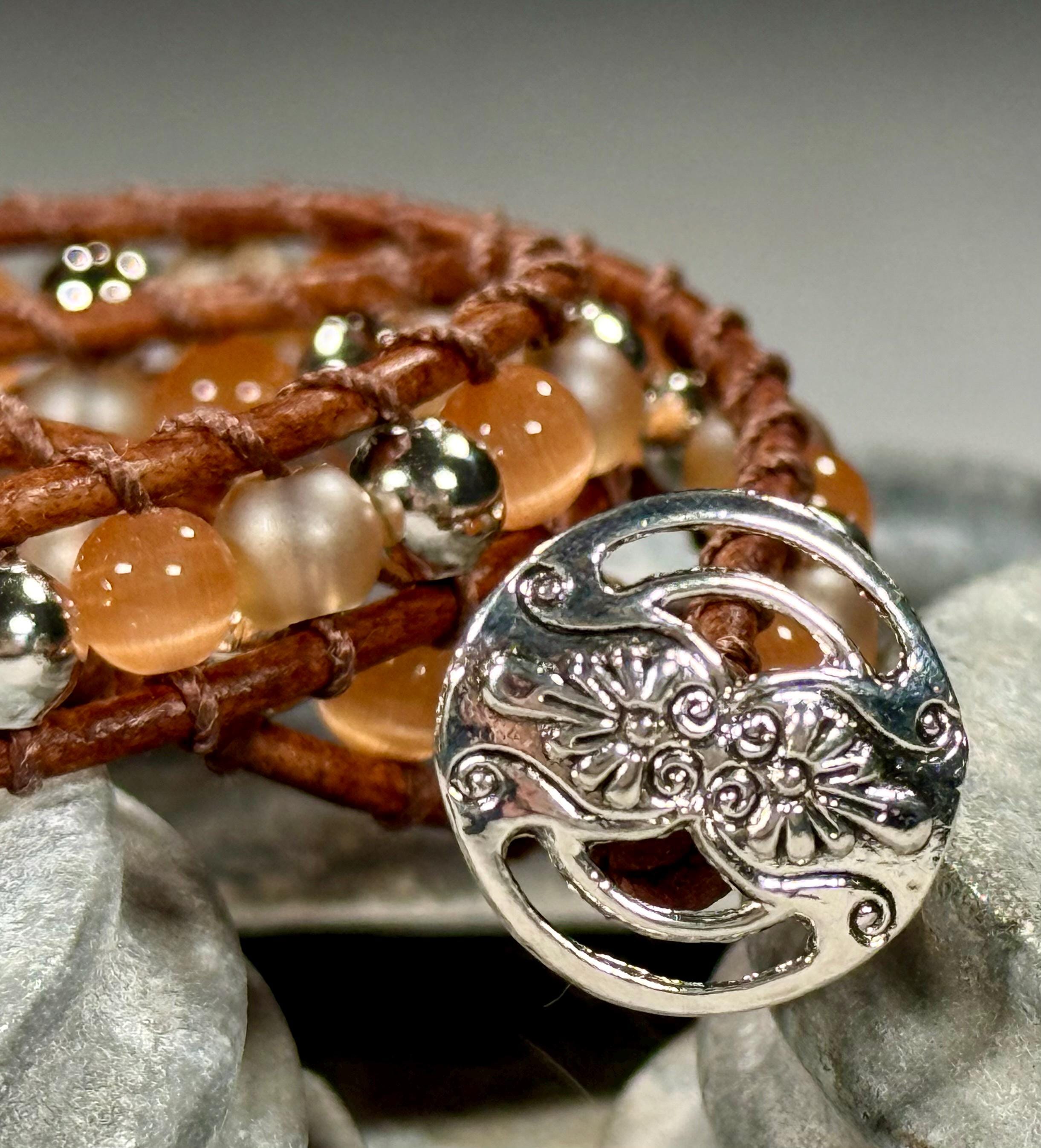 Handmade Double-wrap Beaded Leather Bracelet, Gemstone Beads - Thumbnail 2