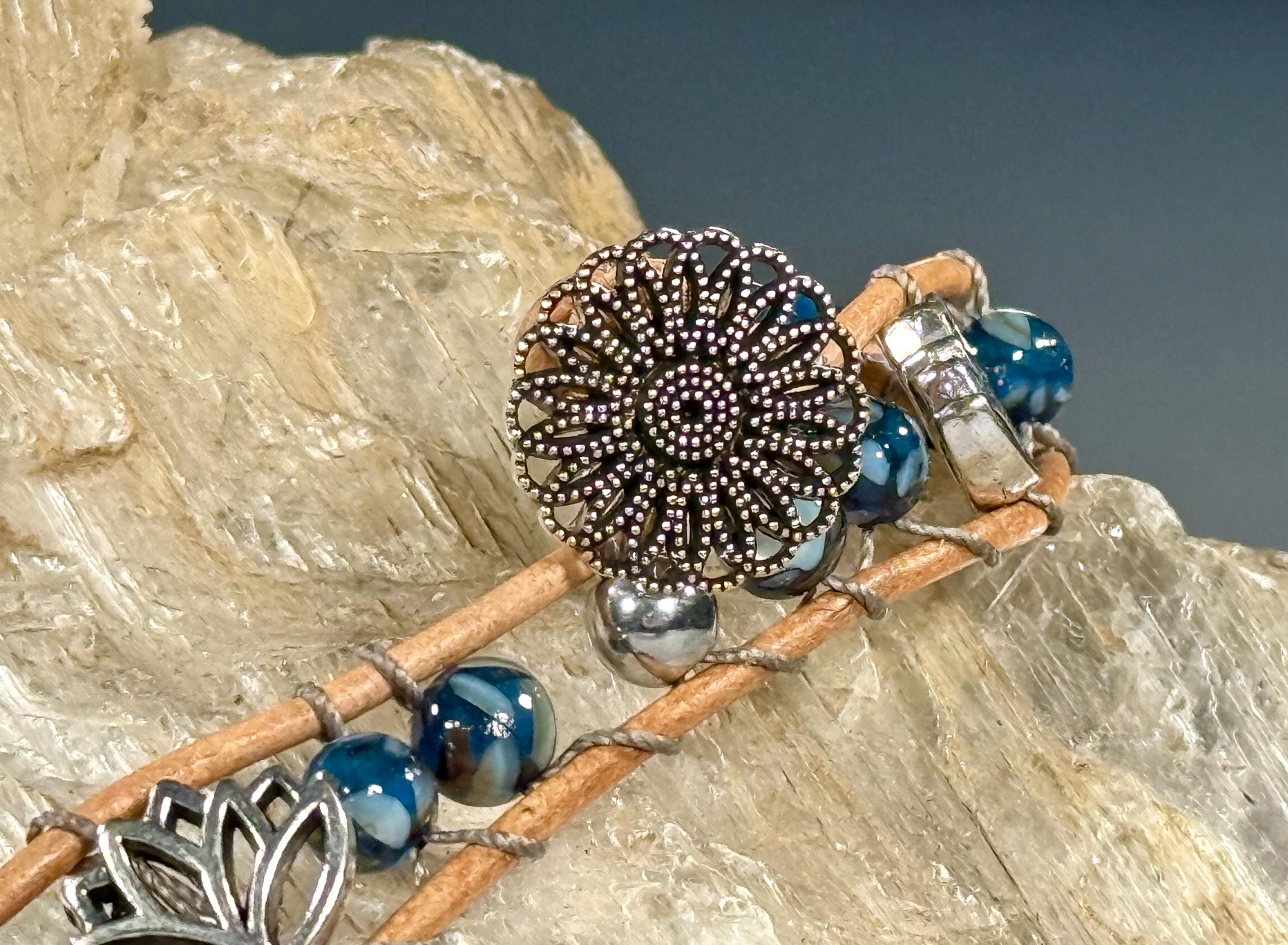 Handmade Double-wrap Beaded Leather Bracelet, Gemstone Beads, Lotus Bracelet - Thumbnail 3