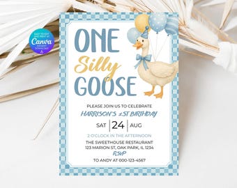 Silly Goose 1st Birthday Invitation Template: Green First Birthday Invite (Digital Download)