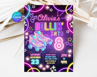 Glow Roller Skating Birthday Invitation: Editable Canva Template (5x7in Digital Download