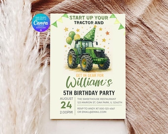 Green Tractor Birthday Invitation: Farm Vehicle Theme (Canva Template Digital Download)