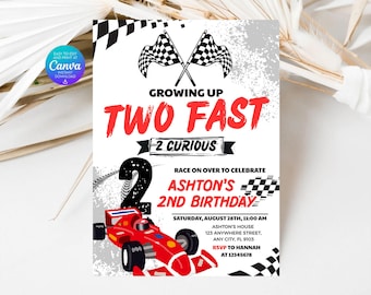 Invito di compleanno Two Fast: tema auto da corsa, modello Canva modificabile