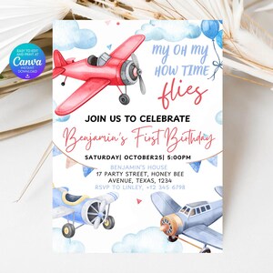 Time Flies 1st Birthday Invitation Template: Airplane Party (Canva Editable Digital Download)