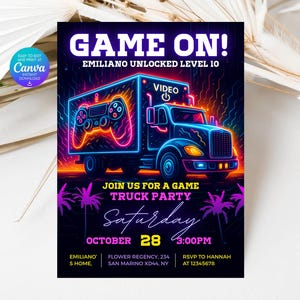 Video Game Truck Birthday Invitation: Gamer Party (Digital Download, 5x7&quot; Editable Template)