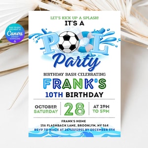 Editable Soccer Pool Birthday Invitation, Soccer Birthday Invitation, Pool Birthday Invitation, Boy Sports Summer Birthday Invite, Digital