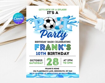 Soccer Pool Birthday Invitation: Editable Canva Template (Digital Download