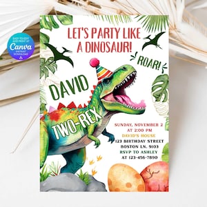 Two Rex Dinosaur 2nd Birthday Invitation: Editable T-Rex Party Template (Digital Download