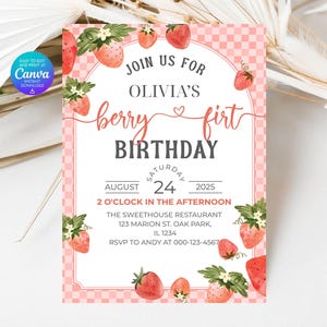 Pink Gingham Berry First Birthday Invitation Template, Berry First Birthday Invitation, Berry First Birthday Invitation Digital