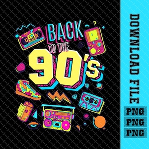 May include: A retro-themed graphic with the text "BACK TO THE 90's" in yellow and blue. The design features a boombox, cassette tape, trainers, and a handheld games console, all in bright colours on a black background.