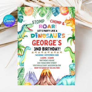 Editable Dinosaur Birthday Party Invitation Template, Dinosaur Birthday Invitation, Dinosaur Invitation, Dinosaur thank you tag