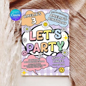 Lettre d'invitation preppy éditable numérique | Invitation d'anniversaire rétro patch universitaire | Let's Party Smiley Face Invitation modifiable Télécharger