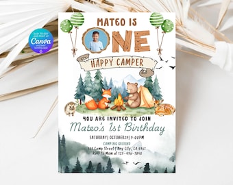 Happy Camper Birthday Invitation: First Birthday Camping Theme (Canva Editable Digital Download 5x7" )