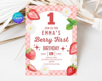 Invitación de primer cumpleaños con diseño de fresa y margarita (plantilla Canva de 13 x 18 cm, descarga digital)