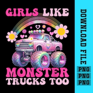 May include: Pink monster truck with rainbow accents and hearts. The truck has a rainbow-coloured monster truck tyre on each side. The text "Girls Like Monster Trucks Too" is written in pink letters with a rainbow effect.