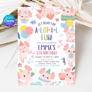 Axolotl Birthday Invitation Template: Under the Sea Party (Editable Canva Template)