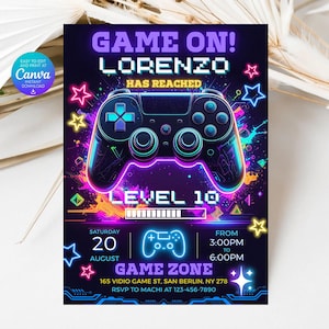 Gamer Birthday Invitation: Neon Level Up, Editable Canva Template (5x7 Digital Download)
