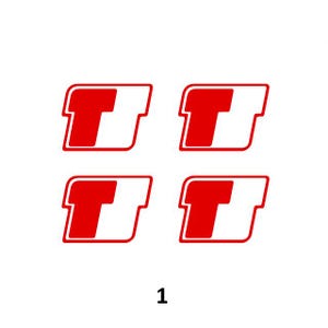 May include: Four identical red and white decals arranged in a two-by-two grid. Each decal features a stylised red letter T shape inside a white rectangular frame with rounded corners, outlined in a thin red border. The number 1 is centred below.
