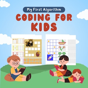 Może przedstawiać: Ilustracja książki zatytułowanej "My First Algorithm Coding for Kids". Obraz przedstawia dwie strony z przykładami kodowania i troje dzieci czytających książki na trawiastym wzgórzu pod błękitnym niebem. Jedna strona ma niedźwiedzia i garnek miodu.