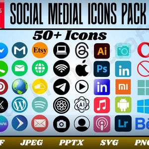 May include: A pack of 50+ social media icons in various colors and designs, including Facebook, Instagram, and Etsy. The image includes the text "SOCIAL MEDIAL ICONS PACK" and "30% OFF". File formats include PDF, JPEG, PPTX, SVG, and PNG.
