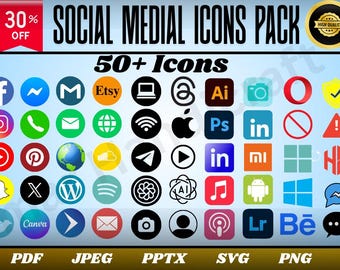 May include: A pack of 50+ social media icons in various colors and designs, including Facebook, Instagram, and Etsy. The image includes the text "SOCIAL MEDIAL ICONS PACK" and "30% OFF". File formats include PDF, JPEG, PPTX, SVG, and PNG.