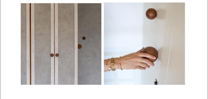 May include: Wooden cabinet door knobs in a warm brown tone. The knobs are round and have a smooth finish. The image also shows a set of gray cabinet doors with matching knobs and a white door with a knob.