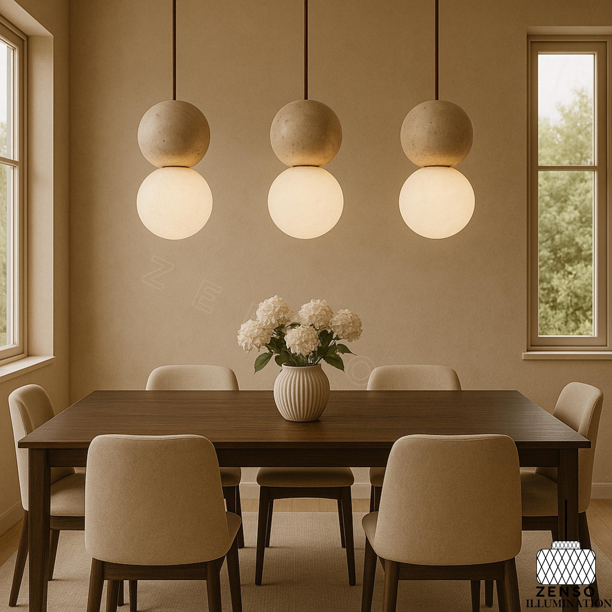 Modern Minimalist Stone Pendant Light – Double Sphere Ceiling Lamp for Kitchen Island, Dining Room, or Living Room Decor, Japandi Lighting