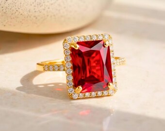 14K Solid Gold Garnet Ring, Baguette Ring, Dainty Diamond Engagement Ring, Dainty Red Gemstone Ring, Stacking Ring, Birthstone Jewelry