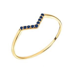 14K Solid Gold Curved Sapphire Ring, Chevron Ring, Wishbone Ring, Diamond Ring, Thin Gold Minimalist Ring, Dainty Engagement Stacking Ring