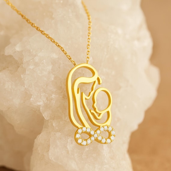 14K Solid Gold Mother and Baby Necklace, Dainty Daughter Pendant