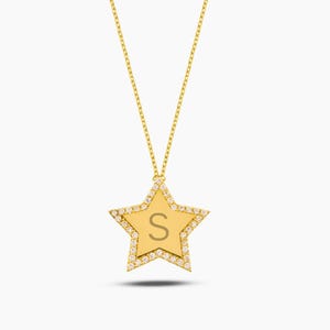 14K Gold Star Letter Necklace, Trending Tiny Tag, Custom Initial Necklace, Best Friend Gift, Celestial Necklace, Personalized Gift for Her