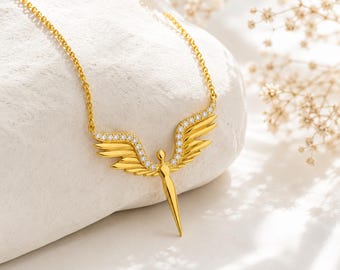 14K Solid Gold Angel Necklace, Guardian Fairy Jewelry, Gift for Mom, Dainty Protection Necklace, Saint Micheal Necklace, Religious Jewelry