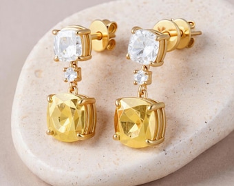 925K Silver Stud Citrine Earrings, November Birthstone, Crystal Jewelry for Women, Wedding Gift, Drop Earrings, Gemstone Dangle Earrings
