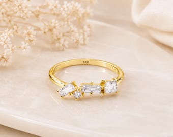 14K Solid Gold Baguette Ring, Statement Ring, Diamond Ring, Minimalist Eternity Ring, Promise Ring, Anniversary Gift, Dainty Stacking Ring