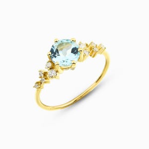 14K Solid Gold Aquamarine Ring, Birthstone Solitaire Engagement Ring, 10K-18K Solid Gold Wedding Band, Promise or Cocktail Jewelry for Women