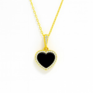 Black Onyx Heart Necklace, Sterling Silver Engraved Necklace, Pave Heart Onyx Necklace, Black Gemstone Heart Necklace with Dainty Diamonds
