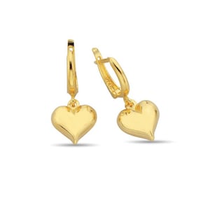 Puff Heart Charm Huggie Gold Earrings, Romantic Coquette Jewelry, Minimalist Drop Hoop Earrings, Anniversary Gift, Dangling Stud Earrings