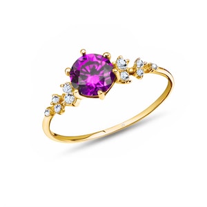14K Solid Gold Solitaire Amethyst Ring, Purple Gemstone Quartz Ring, Wedding Engagement Band, Birthstone Jewelry, Anniversary Gifts for Wife