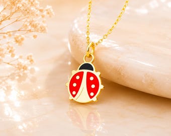 14K Solid Gold Ladybug Necklace, Ladybird Jewelry, Minimalist Cute Beetle, Insect Jewelry, Dainty Good Luck Charm, Birthday Gifts for Her