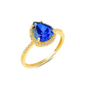 14k Solid Gold Sapphire Engagement Ring, Blue Sapphire Jewelry, Dainty Pear Cut Birthstone Band, Teardrop Shape Ring, Delicate Bridal Rings