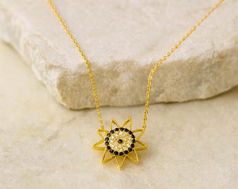 14K Gold Onyx Sun Necklace, Black Onyx Gold Necklace, Dainty Minimalist Necklace, Summer Jewelry, Diamond Star Necklace, Celestial Jewelry