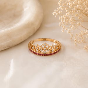 14K Solid Gold 0.37 Ct Crown Ring, Ruby Jewelry, Bridal Gift, Eternity Wedding Band, Birthstone Ring, Engagement Ring, Natural Gemstone