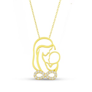 14K Solid Gold Mother and Baby Necklace, Dainty Daughter Pendant, Infinity Necklace, New Mom Gifts, Mothers Day Gift, Eternity Love Jewelry