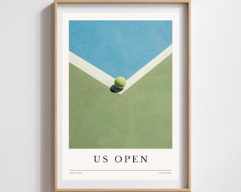 May include: Framed print of a tennis court with a tennis ball. The court is divided into blue and green sections with white lines. The text "US OPEN" is displayed at the bottom, with "NEW YORK" and "SINCE 1881" below it.