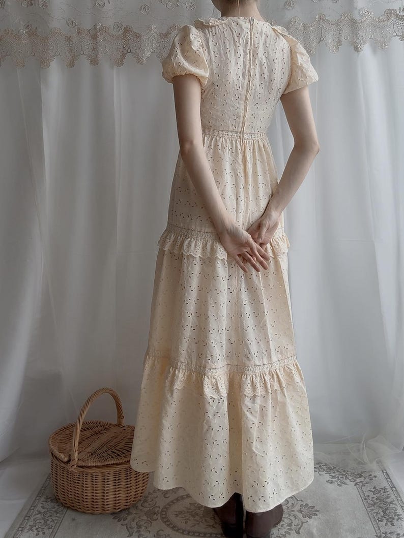 1970s Prairie Maxi Dress Pale Orange Embroidered Eyelet, Vintage French ...