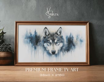 watercolor wolf frame tv art majestic wolf forest Painting frame tv art mystical forest home decor blue frame tv art gift for wolf lover