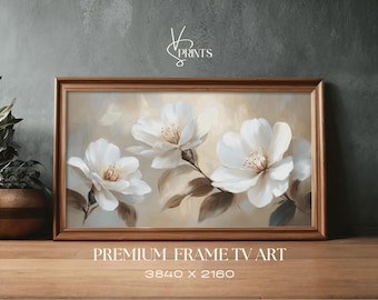 White flower painting frame tv art, antique dark 4k frame tv art, vintage botanical spring decor frame tv art, beautiful floral frame tv art